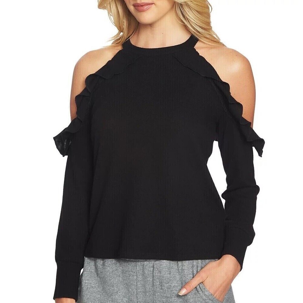 1 State Women's Cold Shoulder Ruffle Edge Top Keyhole Back Long Sleeves Size M